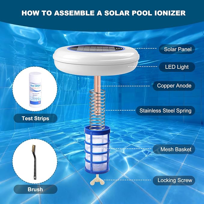 Solar Pool Ionizer for Above Ground Pool with Auto LED Light for Inground Pool Up to 35,000 Gal Floating Pool Cleaner Ionizer for Pool Solar Copper Pool Ionizer