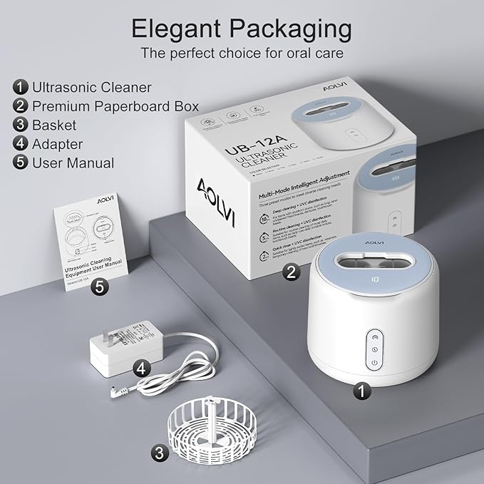 Ultrasonic Retainer Cleaner Machine, IPX6 Waterproof Denture Cleaner, 3 Modes Dental Cleaning Pod with RGB Indicator, 45kHz UV for Mouth Guards, 200ML Tank, White
