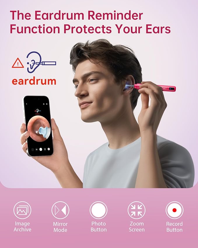 Jegoat Ear Wax Removal, Ear Wax Removal Tool Camera with 1296P HD Camera and 6 LED Lights, Ear Cleaner with 10 Ear Pick, Upgraded Ear Wax Removal Kit for iOS and Android, Pink