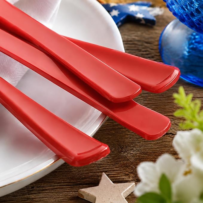 Liacere 400PCS Pre Rolled Red Silverware and Napkin - Disposable Red Plastic Utensils-Wrapped Plastic Cutlery Set with Napkin:100Forks,100Knives,100Spoons,100Napkins for Party & Independence Day