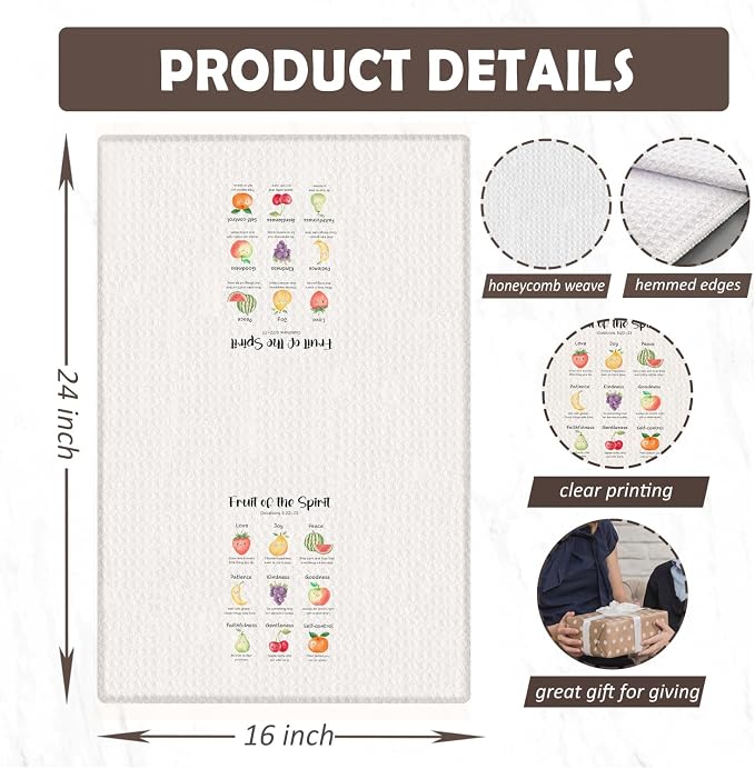 Fruit of The Spirit Christian Kitchen Towels, Bible Verse Gifts Dish Tea Towels for Kitchen Decor, Fruit Positive Affirmations Religious Scripture Hand Towel, 16x24 Inches