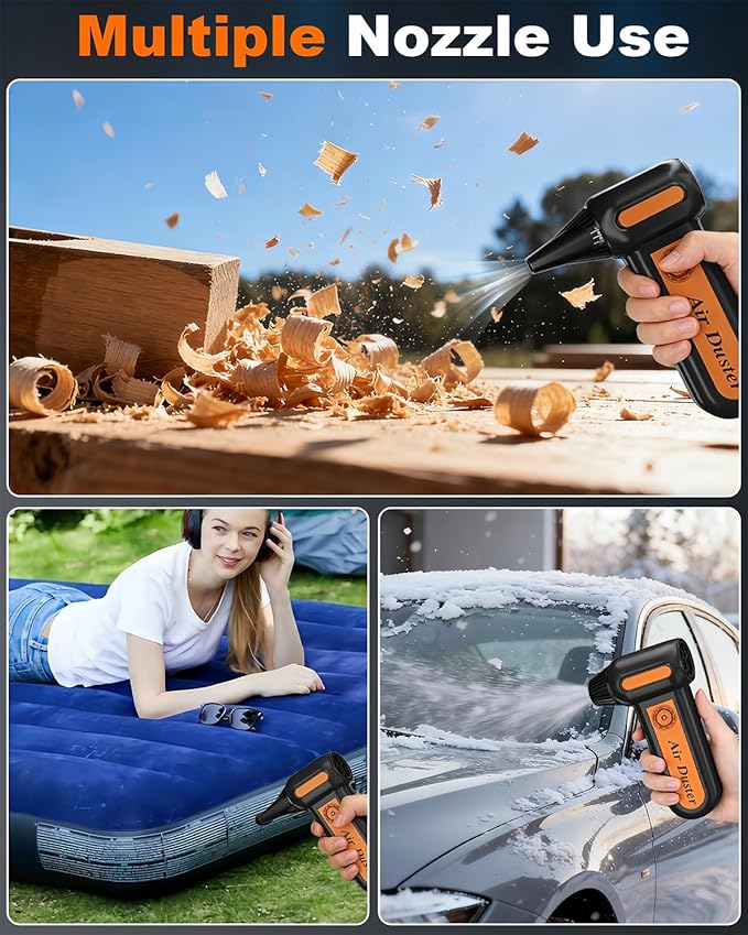Powerful 2-in-1 Compressed Air Duster & Handheld Car Vacuum Cleaner with LED Light & 4-Gear Adjustable 150KRPM Brushless Motor, Rechargeable Cordless Mini Blowe for Car, Home, PC (2-in-1 Black)