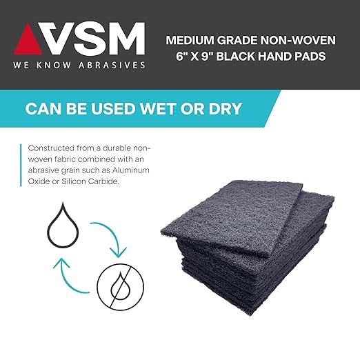 VSM 10-Pack: 6" x 9", Black - Medium, Non-Woven Hand Pad, Silicon Carbide Grains, Rust and Oxidation Resistant, Multipurpose Abrasive Scrub Pad for Finishing and Cleaning