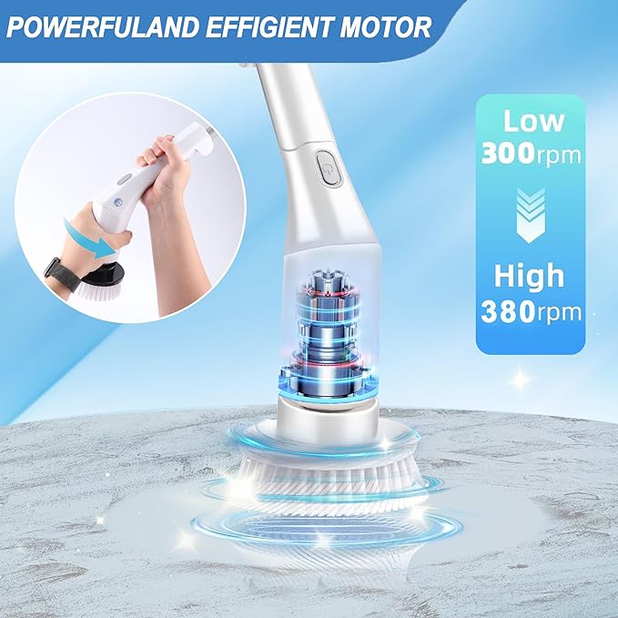 Electric Spin Scrubber, Brush Head Angle Adjustable, Shower Brush, Cordless Cleaning Brush IPX6 Waterproof, 6 Replaceable Brush Heads, Extendable Handle, 2 Speed, for Bathroom, Tile, Kitchen, Car