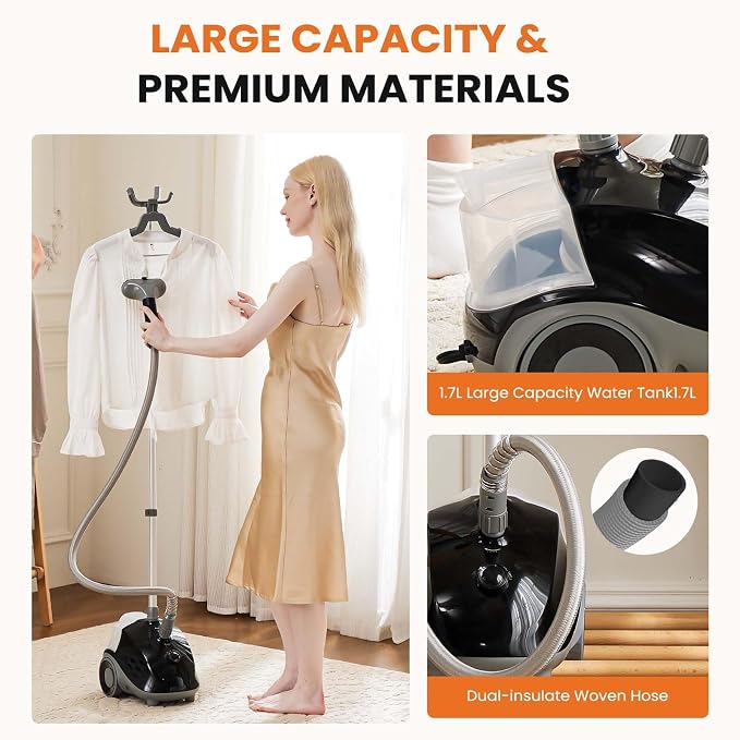 Sweetcrispy Standing Garment Steamer, 1500W Powerful Steamer for Clothes with Roll Wheels, 1.7L Water Tank for 55 Min Continuous Steaming, Professional Wrinkle Remover Heats in 45 Seconds