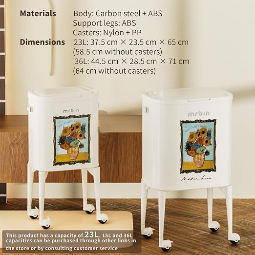 MRBIN 23L Art Decor Trash Can with Wheels, Press-to-Open Lid, Tall Standing Garbage Bin with Lockable Casters, Metal Waste Basket for Kitchen, Living Room, Bedroom, Cream White