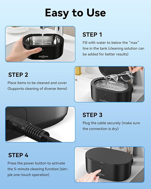JeaTone Ultrasonic Jewelry Cleaner, 46KHz Professional Ultrasonic Cleaning Machine for Rings, Eyeglasses, Retainers, Dentures & Watches, 20oz Stainless Steel Sonic Cleaner Pod (Black)
