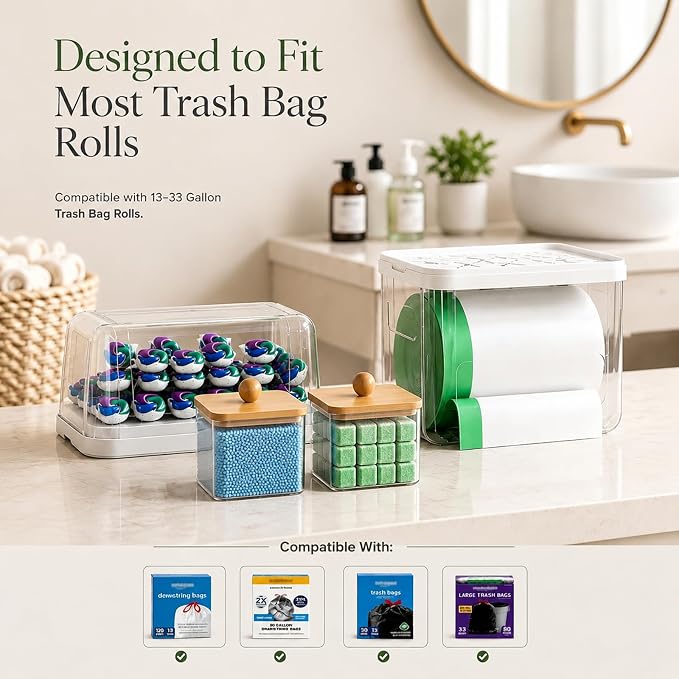 Trash Bag Holder and Dishwasher Pod Dispenser with 2 Bamboo Lid Storage Containers, Clear Acrylic Under Sink Organizer for Garbage Bags, Laundry Detergent Pods & Tabs, Kitchen Pantry Laundry Room