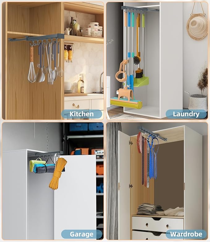 Pull Out Broom Holder, Multifunctional Slide Broom And Mop Storage/Organizer With Adjustable Double Row Sliding Hook, Garage Organization Hooks, for Closet Laundry Garage - Dark grey - 36cm