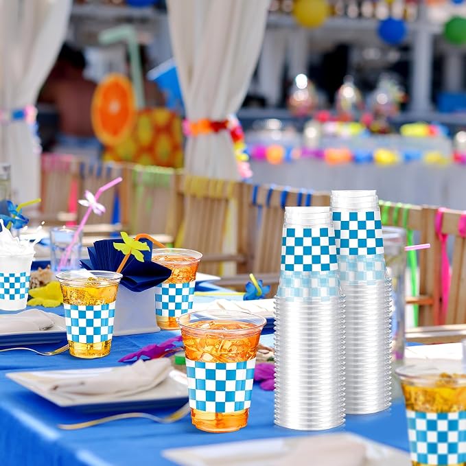 SiliFine 50 Pcs 12 oz Blue Checkered Plastic Cups Clear Disposable Gingham Plaid Party Cups for Race Car Theme Baby Shower Farmhouse Celebrations Birthday Party Decorations