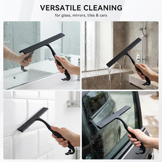 OTraki Black Silicone Shower Squeegee for Glass Doors, Bathroom Cleaner Tool Household Windows Mirror Squeegees, 8 Inch Portable Window Cleaning Tool with Fishtail and Metal Hook for Bathroom