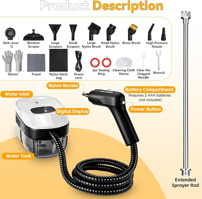 2500W Portable Handheld Steam Cleaner, 54oz Large Water Tank, 3-Level Adjustable Handle, 15s Fast Heating Steam Steamer with 20 Pcs Accessories, Plug-and-Play Design for Home Kitchen Car Cleaning
