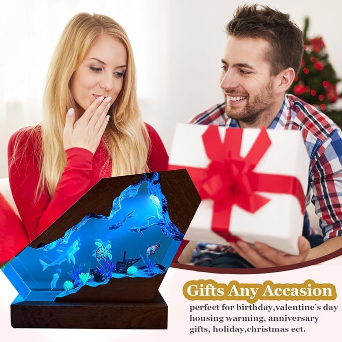Shark Resin Lamp,USB Powered Resin Ocean Night Light with Wooden Base, Variable Lights,Shark Decor for Home Office, Scuba Diving Gifts for Ocean Lovers,Unique Gifts for Him &Her(S 6"X4")