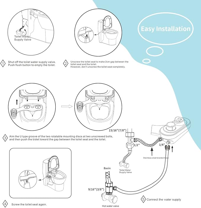 bidet, Hot and Cold Water Non-electric Bidet Attachment for Toilet, Self Cleaning and Dual Nozzle for Women and Rear Wash, Push Button Switch for Easy Using (White)