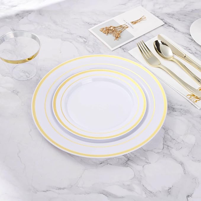 BESTVIP 100PCS Gold Plastic Plates, 10.25 Inch Disposable Dinner Plate Party with Gold Rim for Christmas, Thanksgiving, Heavy Duty Disposable Plastic Plates for Party, Wedding and Birthday, Events