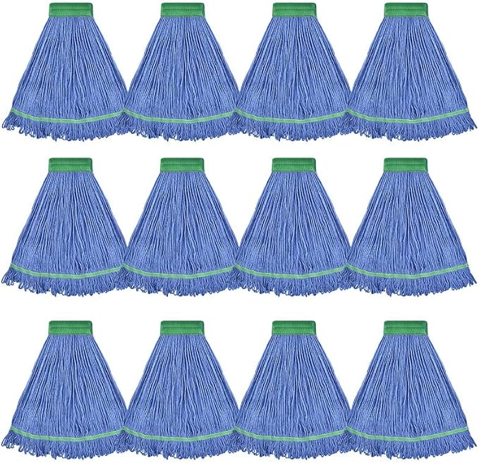 Onesimus 18 oz Heavy Duty Mop Head Replacement, 5 Inch Headband for Quick Change Handle, Blue Loop-End Cotton Blend String Wet Dry Floor Mop Refill, Medium Size, Case Pack of 12 Pcs
