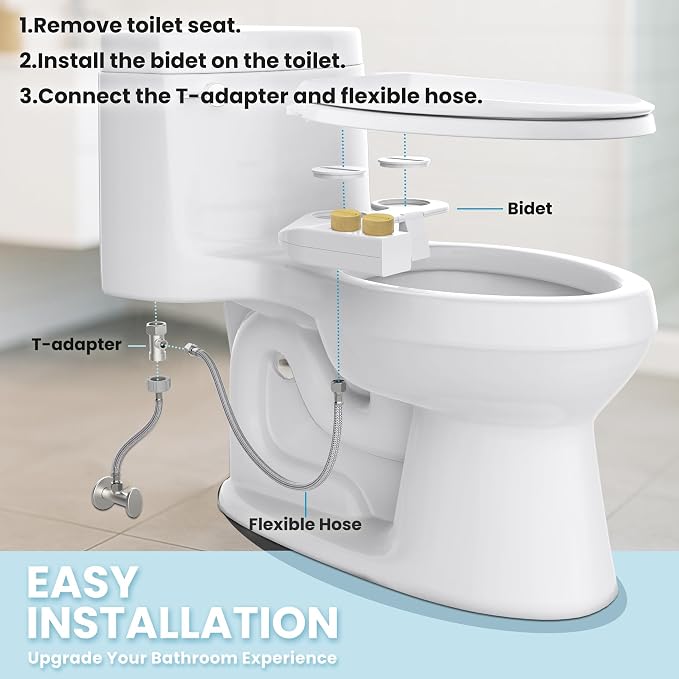 Toilet Bidet With Left/Right Side Reversible Design, Fresh Water, Non-Electric, Toilet Bidet Attachment, Right/Left Hand Side with Dual Nozzle, Self-Clean, Easy to Install (Bamboo Knob)