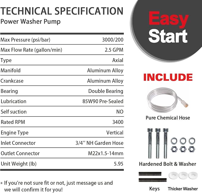 YAMATIC Vertical 7/8" Pressure Washer Pump — Front Inlet/Outlet, 3000 PSI 2.5 GPM — Replacement for Select Troy Bilt, Craftsman, Karcher, Brute, Homelite