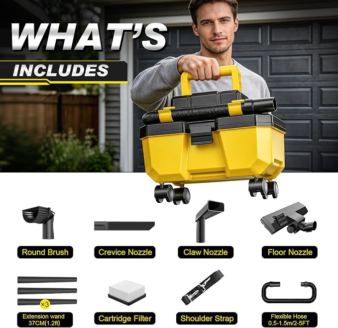 Cordless Shop Vac,3000W Brushless Motor,2x4.0Ah Battery Powered Shop Vac - 3-in-1 Wet Dry Vacuum Wet and Dry with HEPA Filter,Shoulder Strap & Accessory Storage Holder,Portable for Garage,Workshop,Car