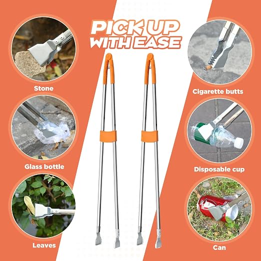 2 Pack Reacher Grabber Tool 34 Inch Lightweight Litter Pick up Sticks Aluminum Rustproof Trash Grabber Garbage Picker Garden Leaf Cleaning Trash Tong Reaching Assist Tool for Elderly Cleaner(Orange)