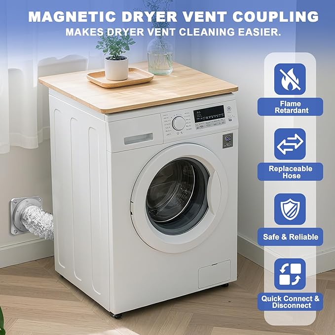 Magnetic Dryer Vent Coupler with 4 inch Hose,Magnetic Dryer Vent Coupling for Connection and Disconnection,Magnetic Dryer Vent Connector Kit Strong Magnetic Self-connection(silver)