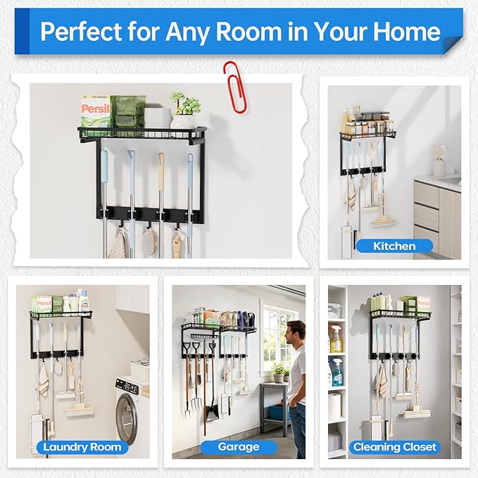 Broom Holder Wall Mount with Cleaning Supplies Organizer, Laundry Room Organization and Storage Shelves with Mop Hanger Rack Gripper Hooks, Home Improvement Kitchen Shelf Garage Organizer