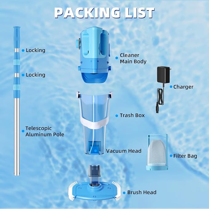 Cordless Pool Vacuum Above & Inground Pools, Powerful 1590 GPH Suction,Handheld Telescopic Pole up to 85.45", 1H Runtime, 2L Debris Bin, Rechargeable Pool Cleaner for Spas & Hot Tubs