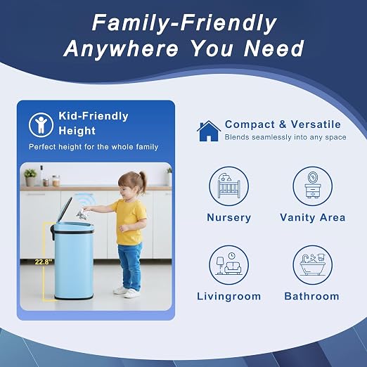 Furniture of America Verbena 13 Gallon Metal Household Trash Can with Motion Sensor Lid for Kitchen, Blue