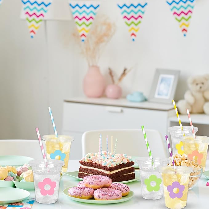 Whaline 60Pcs 12Oz Flower Disposable Plastic Cups with Lids and Straws Cute Pastel Floral Cold Beverage Drinking Cups for Spring Summer Wedding Birthday Baby Shower