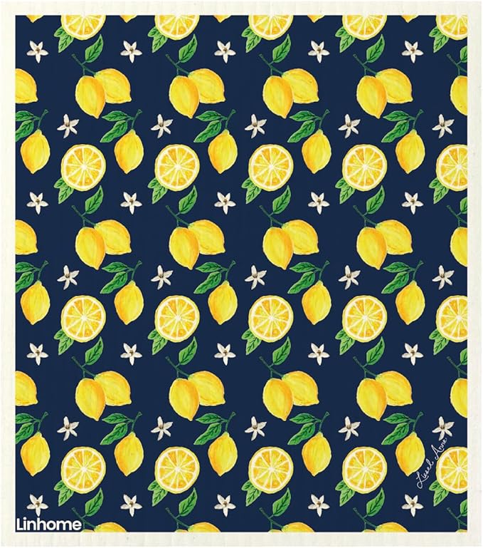 Lemon Collection Swedish Dishcloth, Reusable Paper Towel, Super Absorbent Cellulose Sponge, Washable Kitchen Cleaning Cloth (Navy Lemons - 1 Pack)