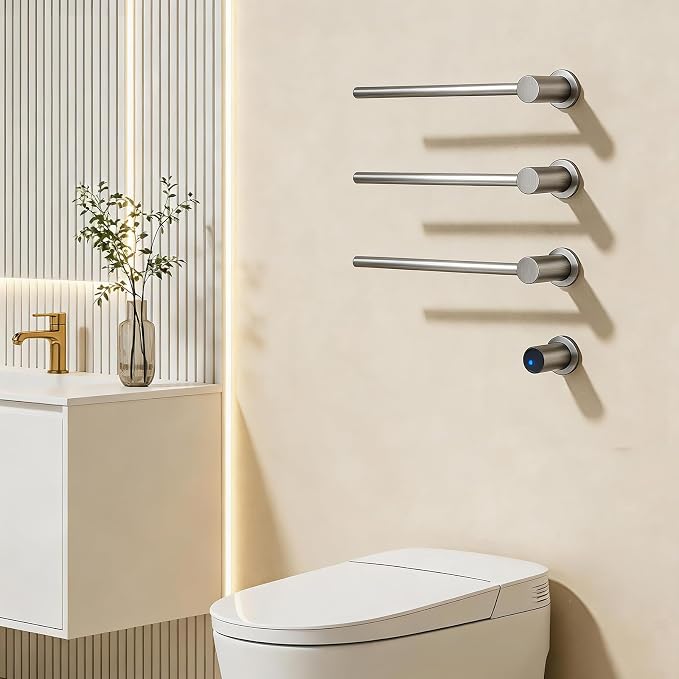 Electric Towel Warmer Concealed, Swivel Heated Towel Rack for Bathroom, Built-in Modular Electric Towel Rack with Timer, Thermostat, LED Display, 3 Bar 180° Rotation, Hardwired (Nickel, 3-Bar)