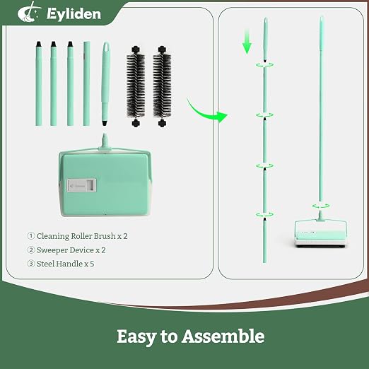 Eyliden X-Large Carpet Sweeper - Quiet Manual Sweeper for Carpets & Rugs | 1 Extra Refill Roller Brush, Non-Electric, Hand Push, Quietly Cleans Debris and Messes, Restaurant Roller Broom, Mint