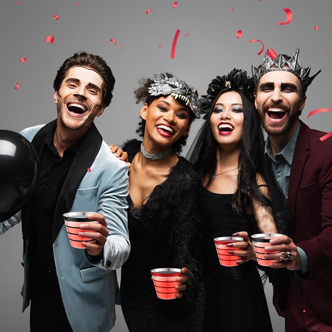 Gejoy 9 oz 100pcs Casino Party Cup Rimmed Stripe Plastic Cups Bulk Disposable Wine Hard Plastic Drinking Cocktail Cups Tumblers for Wedding Gathering Party Supplies(Black, Red)