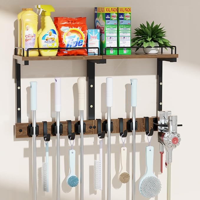 Mop Holder Wall Mount with Cleaning Supplies Organizer, Wood Mop and Broom Hanger Rack Organizer with Anti-Fall Wall Shelf with 5 Clips & Hooks for Garage Laundry Room Kitchen (Brown)