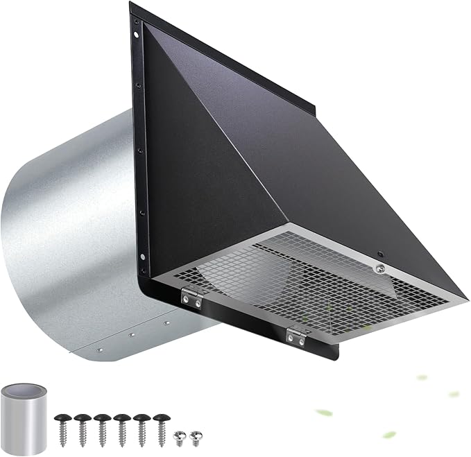 8 inch Hooded Wall Vent with Screen and Damper,Outdoor Wall Vent Cover Exhaust Vent Duct Cap,8" Exterior Vent Cover for Kitchen Range Hood Bathroom HVAC Duct Dryer Ventilation,Galvanized Steel,Black