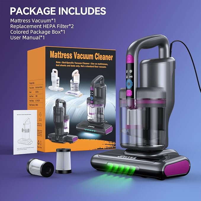 Mattress Vacuum Cleaner, 20Kpa Suction Bed Vacuum Cleaner with 253.7nm UV-C Light, 140°F Heated Air, 30000 RPM Brushroll, 40,000Hz Ultrasonic, HEPA Filter, for Bed, Sofa, 500W Corded(Dark Gray)