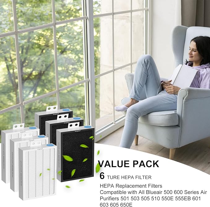 6-Pack 500/600 Series HEPA Filter Replacement Compatible with Blueair 500/600 Series Air Cleaner Purifiers 501 503 505 510 550E 555EB 601 603 605 650E Particle Filter