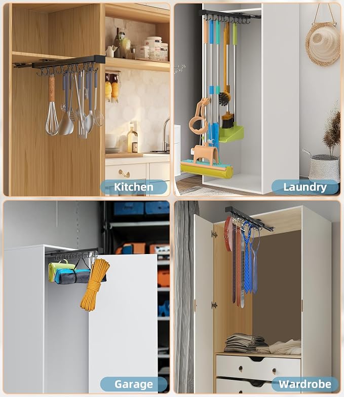 Pull Out Broom Holder With Adjustable Double Row Sliding Hook, Multifunctional Slide Broom And Mop Storage/Organizer Garage Organization Hooks, for Closet Laundry Garage - 56cm/22in