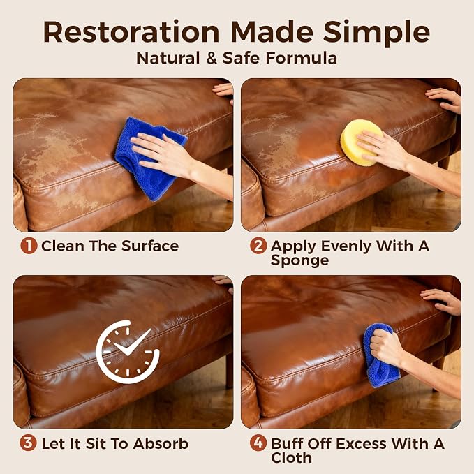 Leather Conditioner and Cleaner Balm for Furniture, Couch, Car Seats, Boots and Bags - Professional Leather Restorer with Natural Beeswax - Deeply Nourishes, Protects and Restores Shine (8oz)