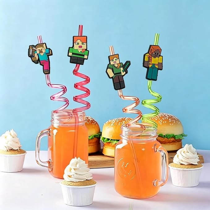 30pcs Pixel Straws Pixel Party Supplies Favors With 2pcs Cleaning Brush Plastic Reusable Straws Birthday Party Supplies For Boys Girls