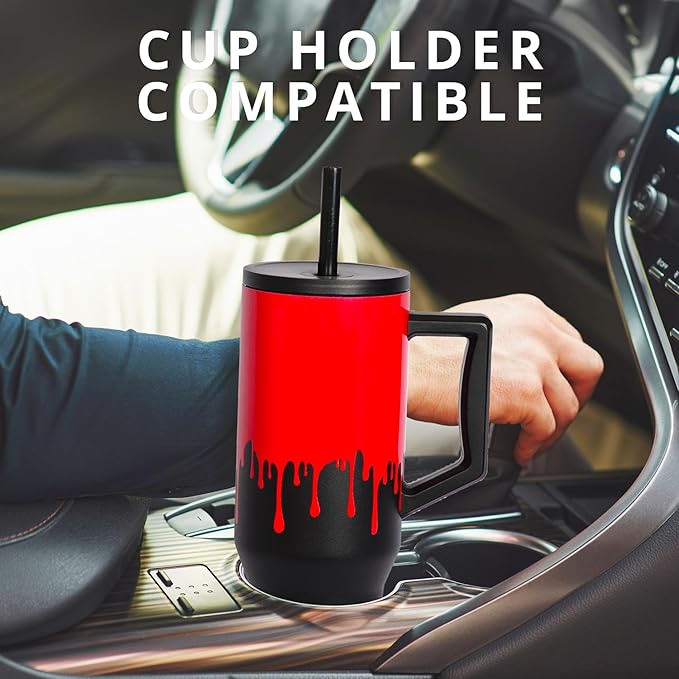 Elemental 40 oz Tumbler with Handle and Straw - Spill Proof Insulated Stainless Steel Commuter for Cold Beverages - Travel Coffee Mug with 2 Straws & Spill Proof Lid - 40oz - Sanguine Drip