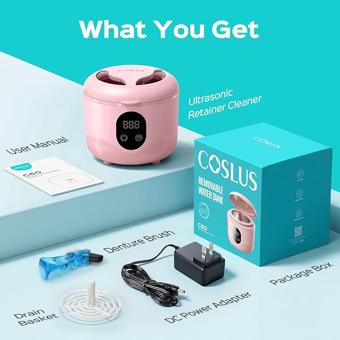 COSLUS C60 Ultrasonic Retainer Cleaner Machine: 45kHz Professional Dental Cleaning Pod for Denture, Mouth Guard, Aligner & Jewelry Deep Cleaning - Removable Tank, Upgraded Durable for Home Use, Pink