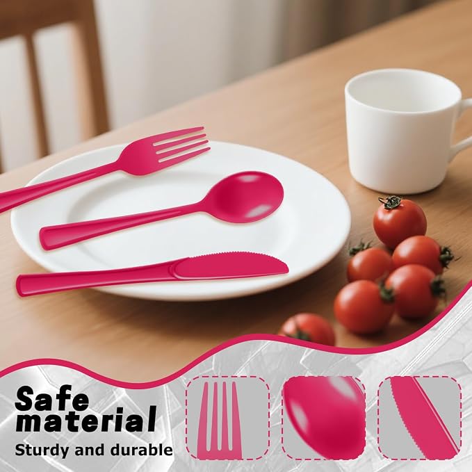 Plastic Silverware 300 PCS Disposable Silverware Heavy Duty Utensil Sets 100 Of Each Forks Knives & Spoons Disposable Cutlery Set For Easter,Birthday,Baby Shower,Garden Party,Wedding(300,Hot Pink)
