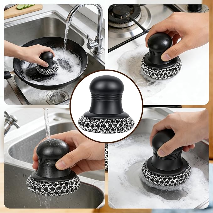 316 Upgraded Cast Iron Scrubber with Pan Scraper,Cast Iron Cleaner for Grill Pan Skillet Wok Carbon Steel,Ergonomic to Hold Easy to Use Dishwasher Safe ((Large Chain Mail))