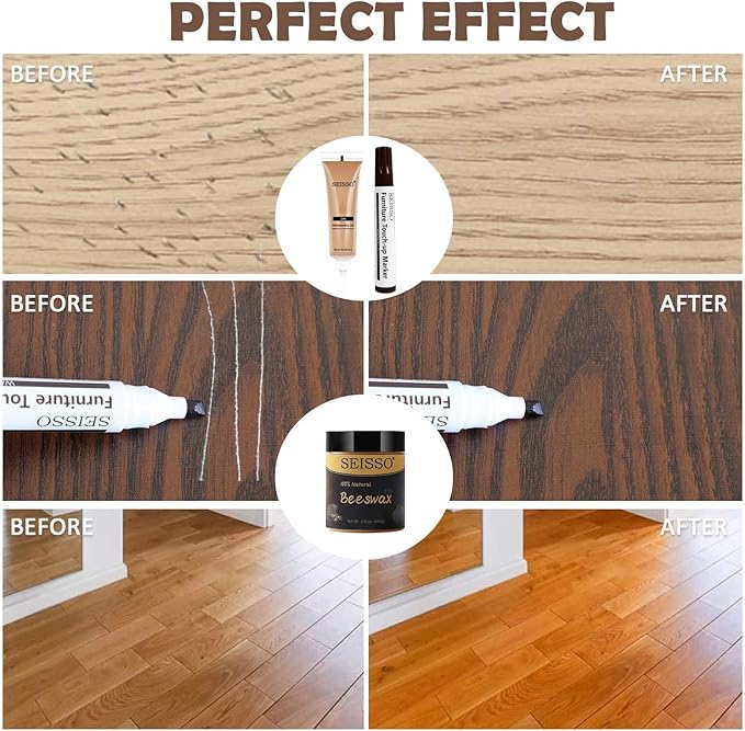 SEISSO Wood Furniture Repair Kit, 12 Colors Wood Fillers, Wood Putty with Beeswax, Furniture Touch Up Markers with Wood Crayons, Hardwood Floor Repair Kit for Stains, Scratch, Cracks, Hole
