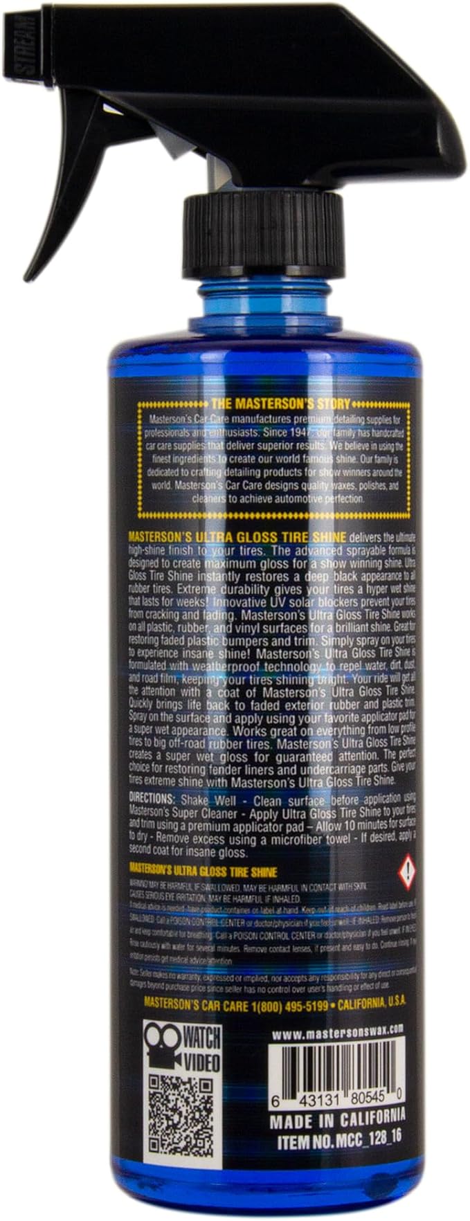 MASTERSON'S CAR CARE MCC_128_16 Ultra Gloss Tire Shine - Extra Shine Formula Delivers Super Wet Tires - Durable and Long Lasting Sprayable (16 oz)