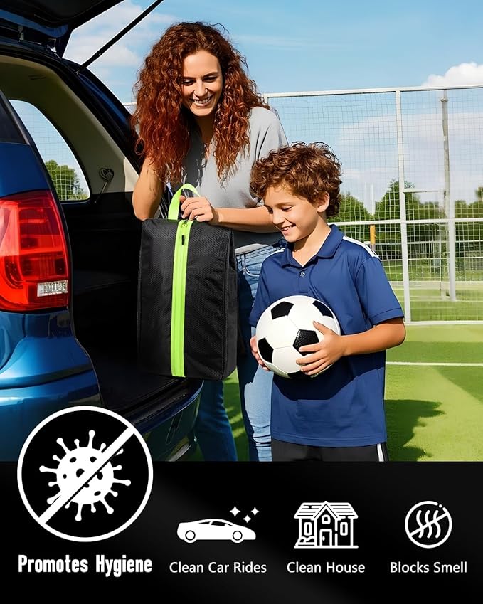 GLORIEROO Smell Proof Shoe Bags for Travel-Soccer Cleat Bag Smell Proof with Active Carbon Fabric | Odor-Absorbing Water-Resistant Track Shoe bags for Sports (2 Black with Green, UP TO US14)
