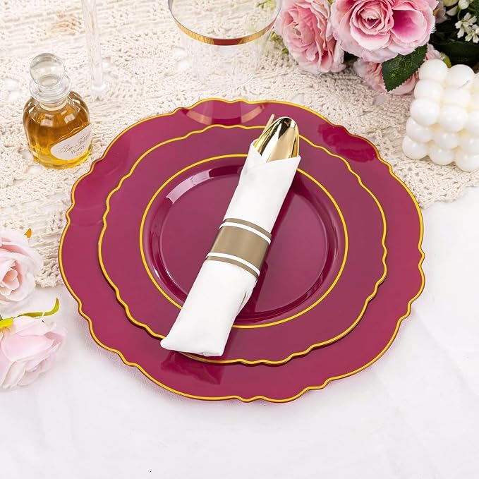 Liacere 350PCS Red Plastic Plates-Disposable Burgundy Red and Gold Plates 50guest Baroque Plastic Dinnerware include 100Plates, 50Pack Pre Rolled Napkins with Silverware 50Cups for Party & Wedding