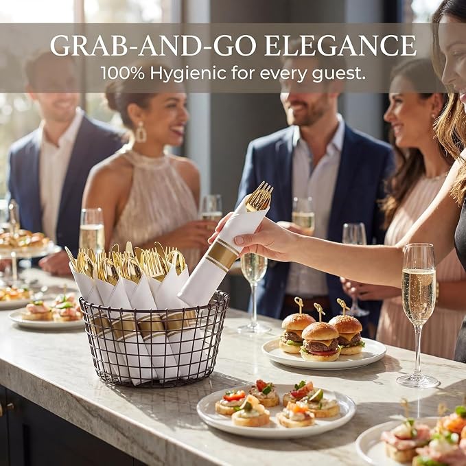 Liacere 100Pack Pre Rolled Gold Silverware and Napkin-Disposable Gold Plastic Utensils-Wrapped Plastic Cutlery Set with Napkin:100 Forks,100 Knives,100 Spoons,100 Napkins for Wedding & Party