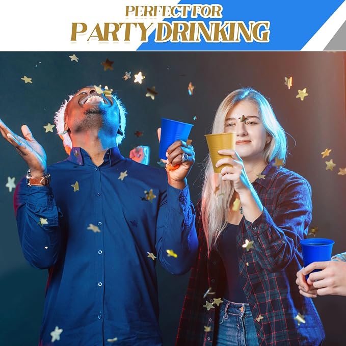 Funnymoom 100 Pcs Blue and Gold Plastic Cups, 12 oz Disposable Party Cups for Graduation, Ceremony, Wedding Reception, Birthday Party Supplies